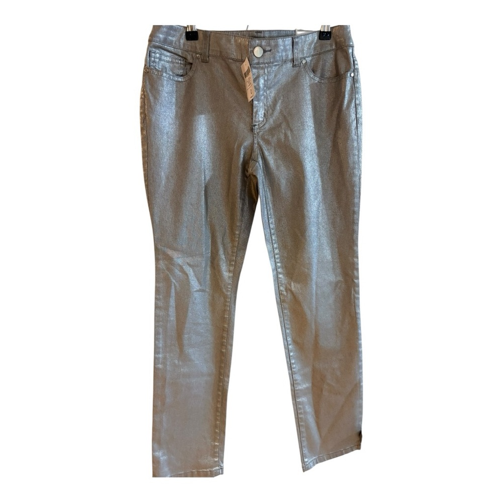 Chico's NWT Platinum Denim Metallic Jeans in a silver color. - Picture 2 of 7